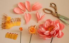 some flowers are sitting next to scissors and thread on a white surface with other items