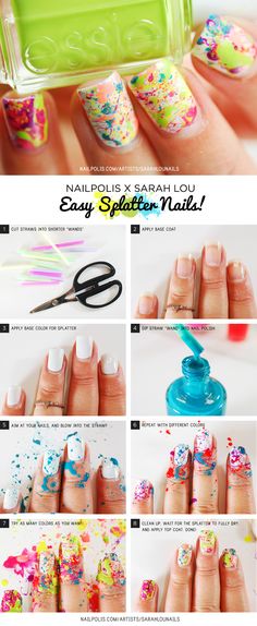 Splatter Nail Art Tutorial Summer Nail Tutorials, Rainbow Nail Art Designs, Splatter Nails, Rainbow Nail Art, Nail Designs Tutorial, Nagel Tips, Diy Nail Designs, Nail Swag, Rainbow Nails