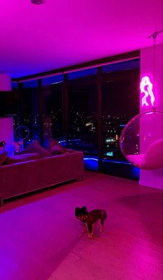 a dog standing in the middle of a living room with purple lighting on it's walls