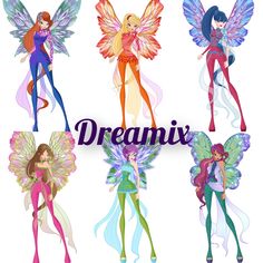 six beautiful fairy girls with wings and the word dreamix written in front of them