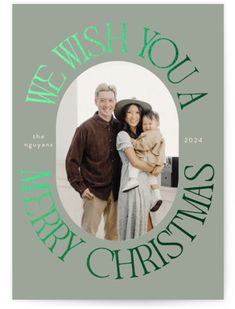 a merry christmas card with the words we wish you a merry christmas and an image of two people