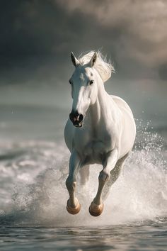 a white horse running through the water on a cloudy day with dark clouds in the background