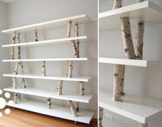 there are two shelves with birch trees on them and one has white shelving in the middle