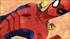 spider - man flying through the air in front of a yellow and brown background with he has his eyes wide open