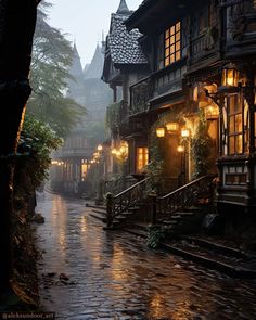 an image of a rainy street scene with lights in the windows and people walking down the sidewalk