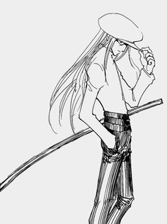 a black and white drawing of a man holding a stick with long hair on it