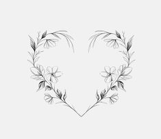 a heart shaped frame with flowers and leaves drawn in black ink on a white background