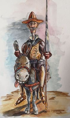 a drawing of a man on horseback holding a flag and a horse's bridle