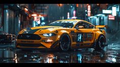 a yellow ford mustang in the rain at night