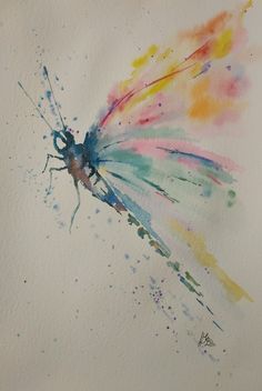 a watercolor drawing of a dragon fly with colored wings and tail feathers, on white paper