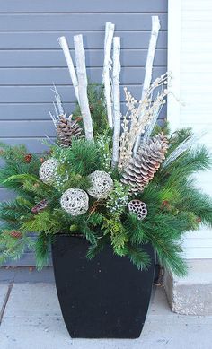 a planter filled with pine cones and evergreens on the side of a house