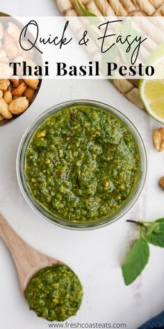 An overhead image of Thai Basil Pesto with a wooden spoon filled with pesto and peanuts in the corner. Thai Basil Pesto, Thai Basil Recipes, Vegan Dressing Recipes, Fresh Basil Recipes, Soy Sauce Rice, Herb Recipes, Eat Seasonal