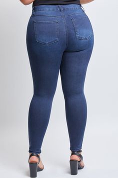 The look of jeans, but the feel of leggings- what more could you want?! Our Women's Plus Size HyperDenim Super Stretchy Skinny Jean features our most stretchy denim that moves with you to give you the most amazing and comfortable fit from morning to night. Designed with a high-rise and ultra-skinny leg with a full-length silhouette. Pair these with a cute top and some heels for an effortlessly-chic look. Product Details- High-Rise - 1-Button Closure with Zipper - 5 Pocket Construction Size & Fit Am To Pm, Ymi Jeans, Curvy Women Jeans, Gym Shorts, Cute Top, Artificial Plants, Cute Tops