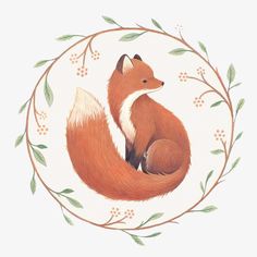 a watercolor painting of a fox sitting in a circle surrounded by leaves and berries