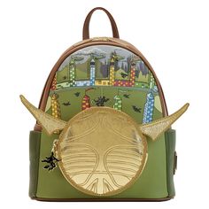 a backpack with an image of a bird on the front, and a gold coin in the back