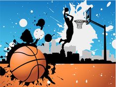 a basketball player dunking the ball in front of a city skyline with splatters