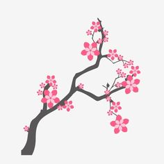 a branch with pink flowers on it against a white background, in the shape of a tree