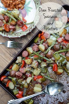 a plate with potatoes, green beans and sausage next to a pan filled with vegetables