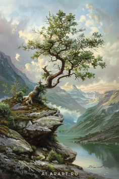 a painting of a tree sitting on top of a rocky cliff next to a lake