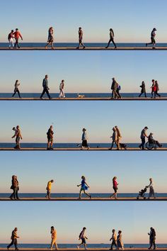 multiple images of people walking along the beach