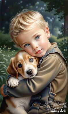 a painting of a young boy holding a puppy in front of trees and grass, with the dog's head resting on his arm