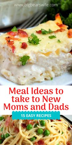 two plates with different types of food on them and the title reads meal ideas to take to new moms and dads