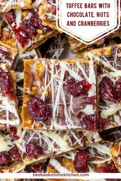 cranberry and white chocolate barkle bars are stacked on top of each other