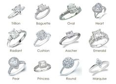 different types of engagement rings with names on the front and side, all in white gold