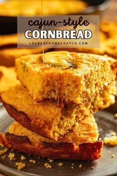 cornbread is stacked on top of each other with the words cornbread above it