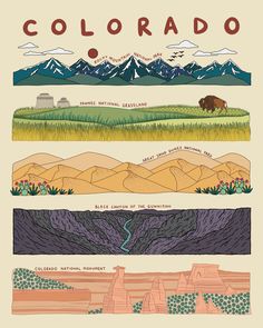 the colorado landscape is shown in three different colors