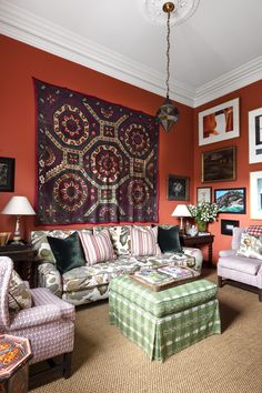 sitting room with red walls and sisal carpet Red Walls Living Room, Walls Living Room, Red Walls