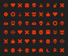 an orange icon set on a black background, with different symbols in the shape of skulls and hearts