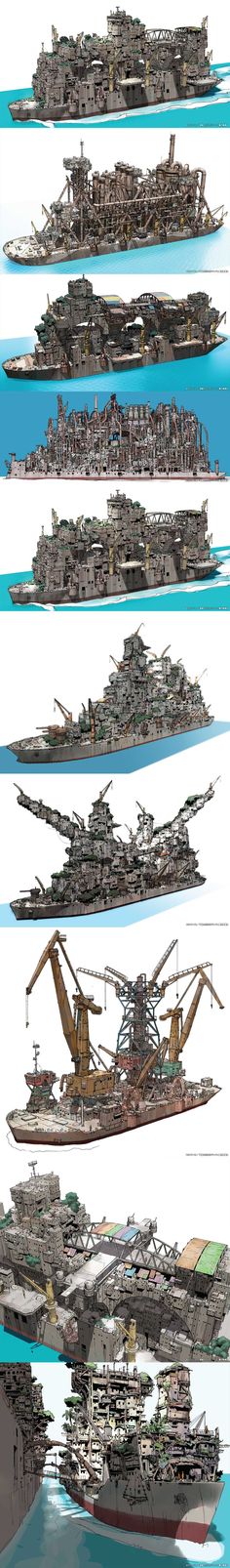 several different types of ships are shown in this graphic art work, including one that appears to be floating on the water