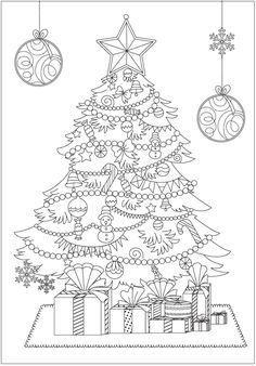 a christmas tree with presents under it and ornaments hanging from the top, in black and white