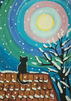 a painting of a black cat sitting on top of a roof under a full moon