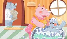 two rhinos are in the bathtub and one hippo is washing its head