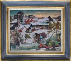 an oil painting of a winter scene with horses and sleighs