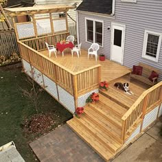 an aerial view of a deck and patio