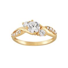 Celebrate that precious moment with this three-stone engagement ring. Featuring a 5.5mm round center and 3.0mm round side stones in the classic prong setting. Round accents add further sparkle. It is crafted in high-polished 10kt yellow gold. A lovely gift for that special someone. Size: 7. Color: Metal Type. Gender: female. Age Group: adult. Cubic Zirconia Engagement Rings, Walmart Jewelry, Cz Jewelry, Three Stone Engagement Rings, Cubic Zirconia Rings, Cz Ring, Stone Engagement, Intricate Design, Womens Engagement Rings