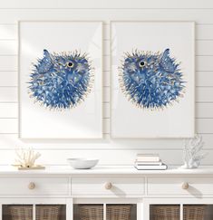 This set of 2 prints, featuring balloon fish in a rich navy blue, is perfect for beach house decor and ocean-inspired spaces--and much more. The elegant color and modern design make it a versatile addition to any room, adding a touch of coastal charm wherever it's displayed. The playful yet sophisticated depiction of the puffer fish adds character and charm to any space at home and office. Perfect for those who appreciate marine life or simply want a subtle coastal vibe, these prints are a stylish choice for creating a relaxing and unique atmosphere. Important information regarding all prints: 1. The prices can be found over on the right in the 'dimensions' drop down bar. But if you don't see the size you need there, please contact me. My printing house is able to make prints up to 30x40 i Balloon Fish, Tropical Beach Houses, Modern Minimalist Wall Art, Fish Tropical, Beach House Wall Art, Florida Condos, Rich Navy Blue, Printing House, House Wall Art