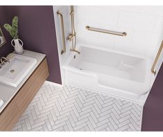 a bathroom with purple walls and white tile flooring, including a bathtub in the center