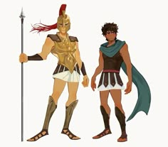 two men dressed in roman costumes, one holding a spear and the other wearing a cape