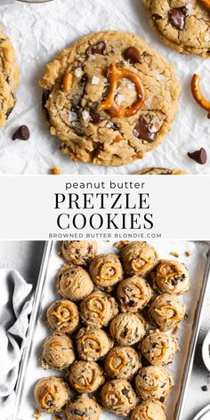 peanut butter pretzel cookies with chocolate chips on top