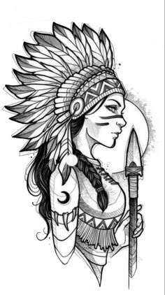 a drawing of a native american woman holding a knife and wearing a headdress