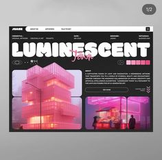 the front page of an article about luminosent, with pink lights on it