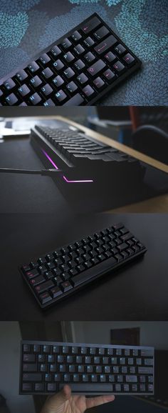 there are three different types of keyboards on the table and one is black with pink keys