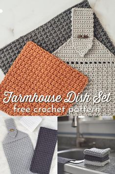 three different types of crocheted dishcloths on a counter with text overlay that reads farmhouse dish set free crochet pattern