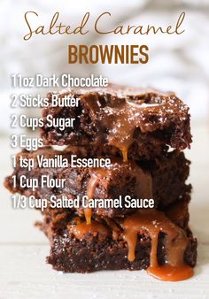 chocolate caramel brownies stacked on top of each other with the words salted caramel brownies