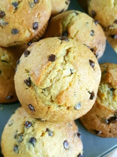 chocolate chip muffins piled on top of each other