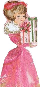 a woman in a pink dress holding a box with presents on it's back